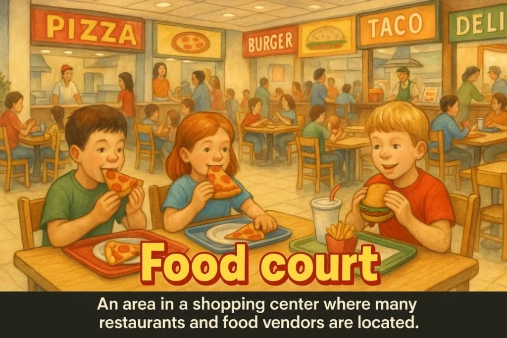 An area in a shopping center where many restaurants and food vendors are located.
