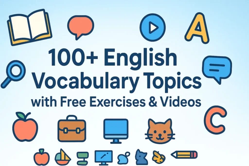 100+ English Vocabulary Topics with Free Exercises & Videos educational poster with icons and gradient background